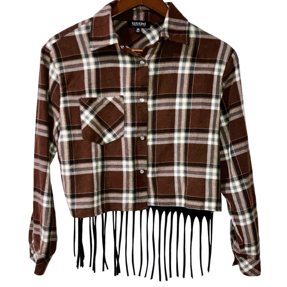 La La Land Creative Co Nashville Cropped Fringe Brown Flannel Pearl Buttons XS - Picture 13 of 13
